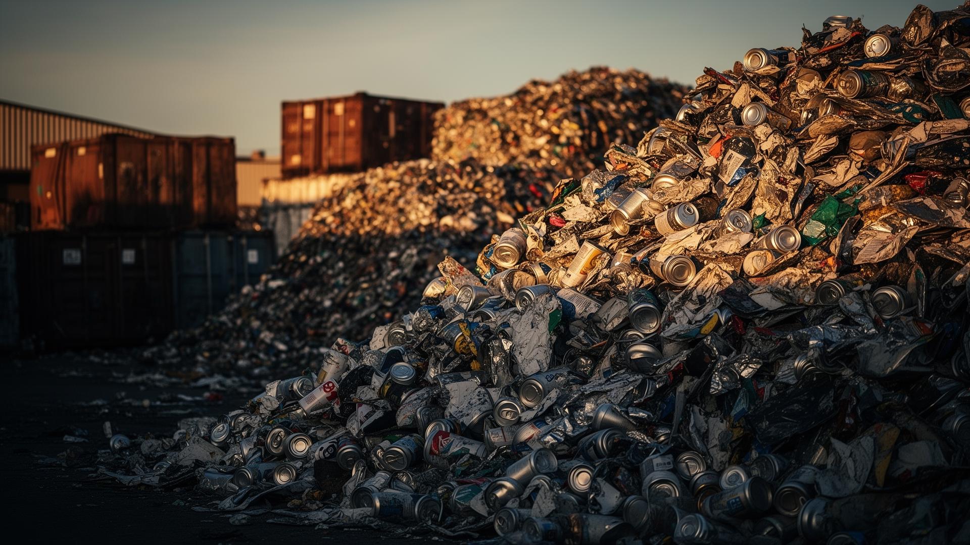Recycling yard with stacked aluminum cans at golden hour